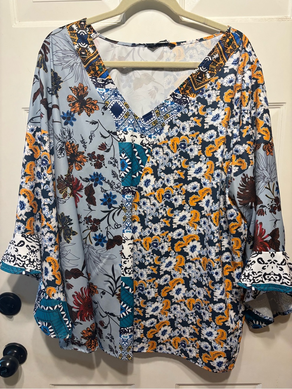 BloomChic Mixed-Print V-Neck Tunic in Blue, Mustard Teal blouse lightweight 2x